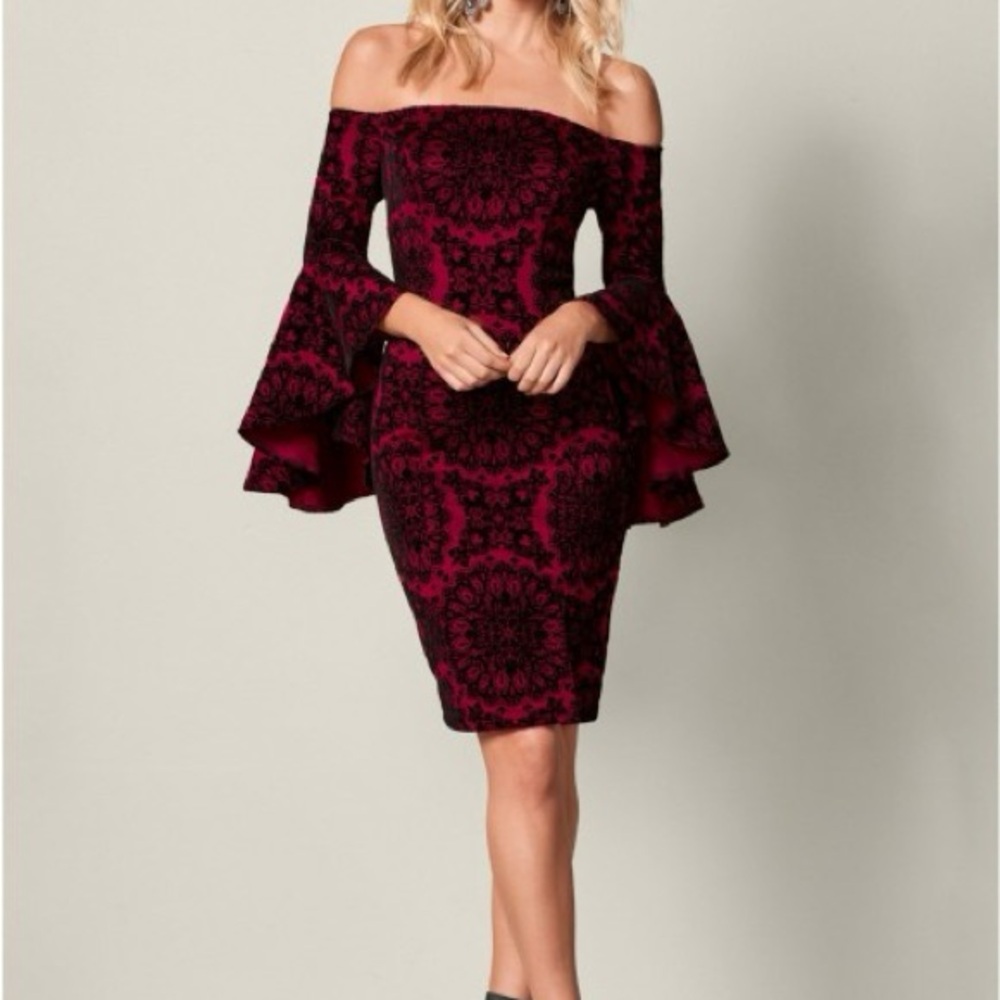 Venus off shoulder wine color with velvet accent bell sleeve knee length dress.
